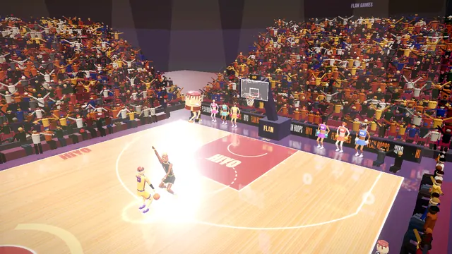 Flan Hoops: a packed basketball arena with a shiny court, cheerleaders and a giant screen