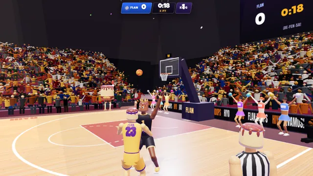 Flan Hoops: the crowd on its feet and confetti after a three-pointer