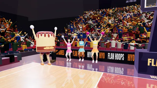 Flan Hoops: cheerleaders with pom-poms and the giant flan mascot under the hoop