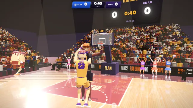 Flan Hoops: a tall flan rises for a jump shot while King Flan jumps to block it