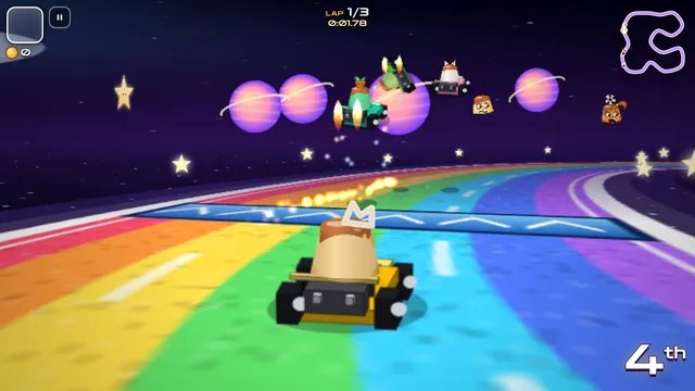 Flan Kart: jumping off a trick ramp on the rainbow road in space