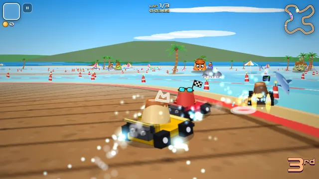 Flan Kart: racing on a wooden pier over the sea while a dolphin jumps