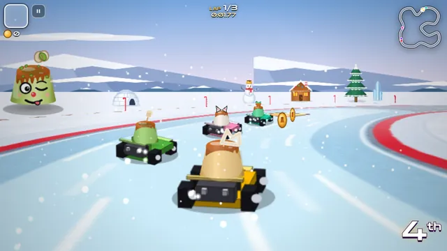 Flan Kart: sliding on ice between snowy pines and a snowman